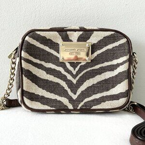 MICHAEL KORS Zebra Crossbody Bag Gold Logo Plaque Animal Print Purse Card Wallet